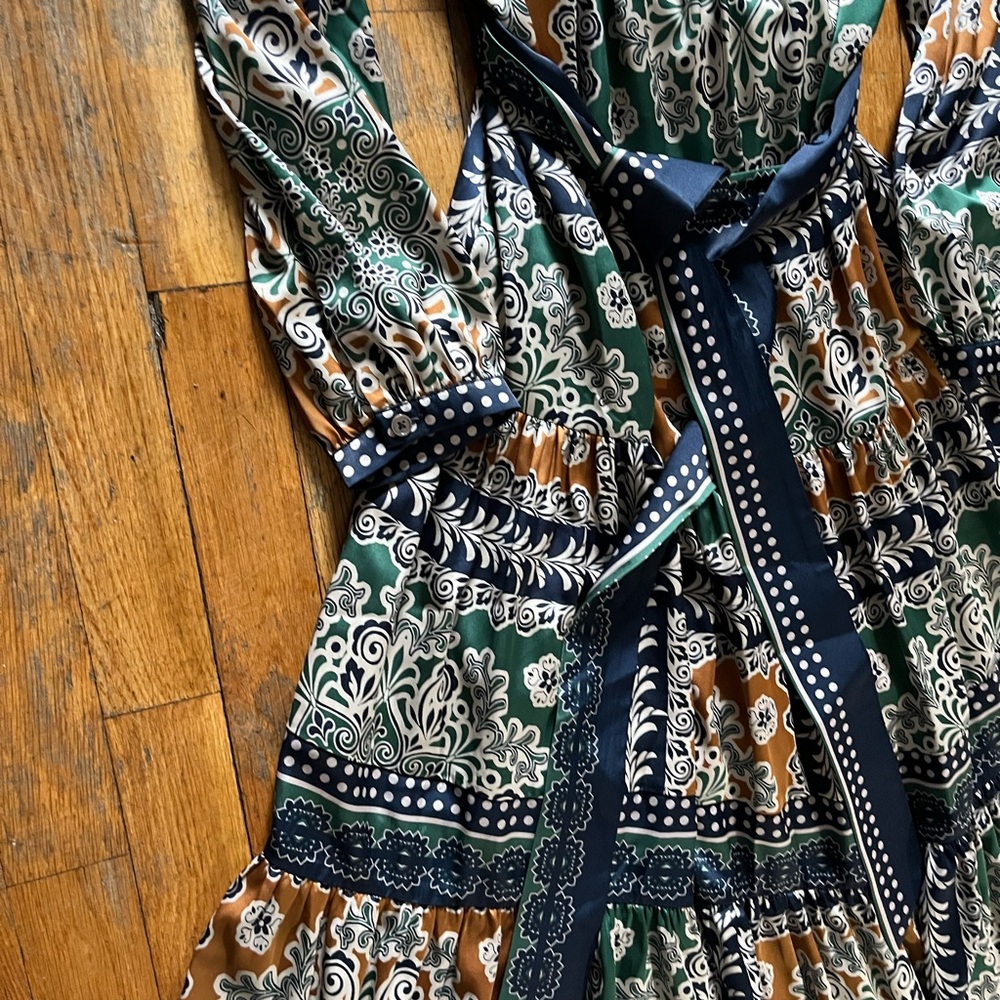 Current Air Long Sleeve Printed Maxi Dress in Green, Tan & Navy - Picture 5 of 5